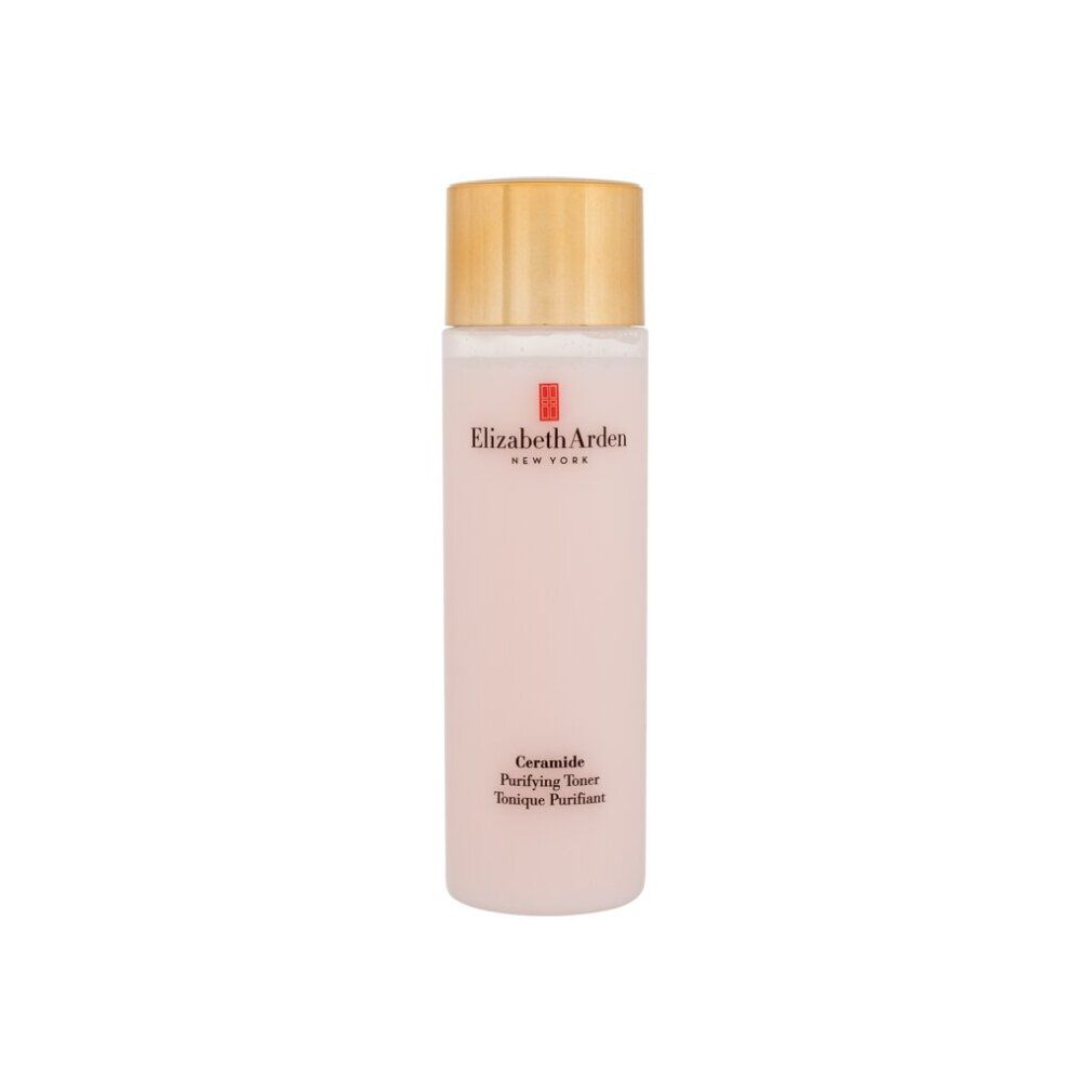 Flacone rosa con tappo dorato. Scritta: Elizabeth Arden, Ceramide Purifying Toner.