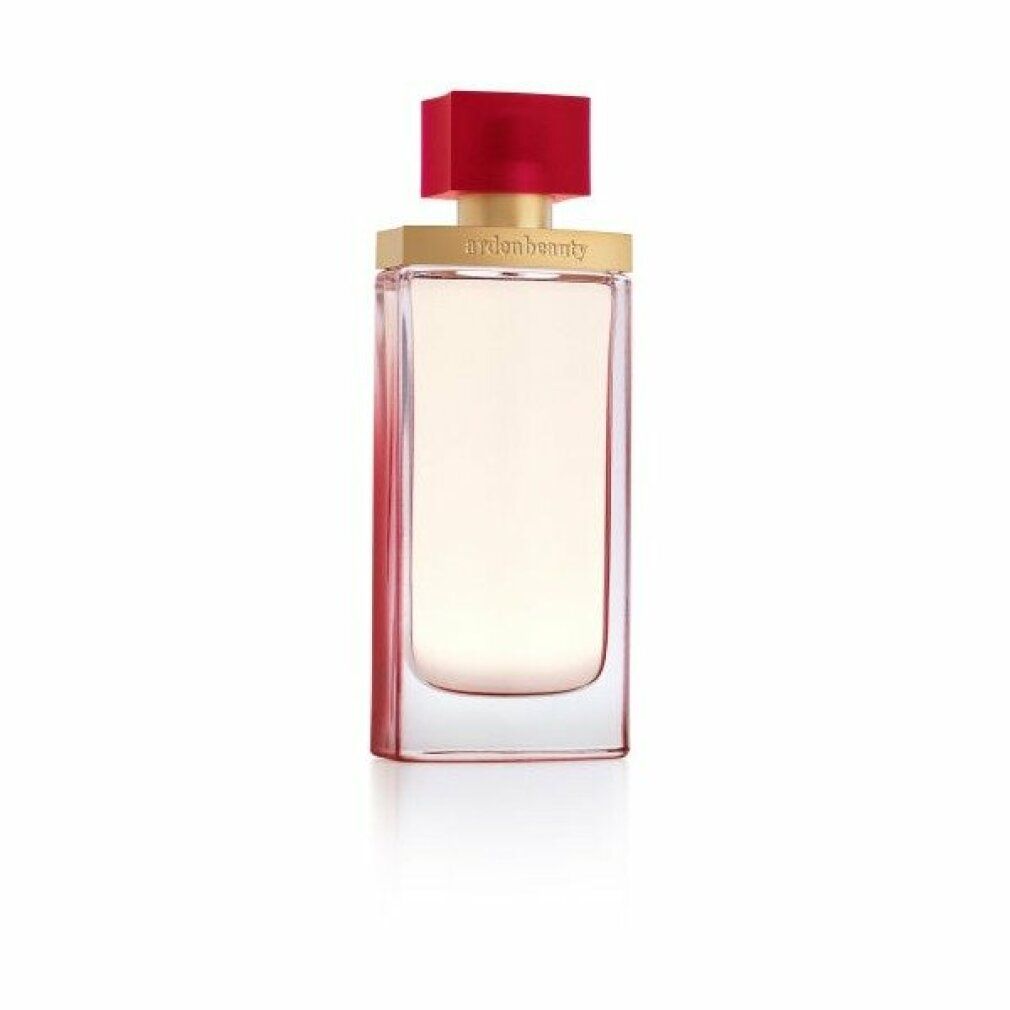 Flacone di profumo con tappo rosso e dettaglio dorato. Scritta 'ardenbeauty'.