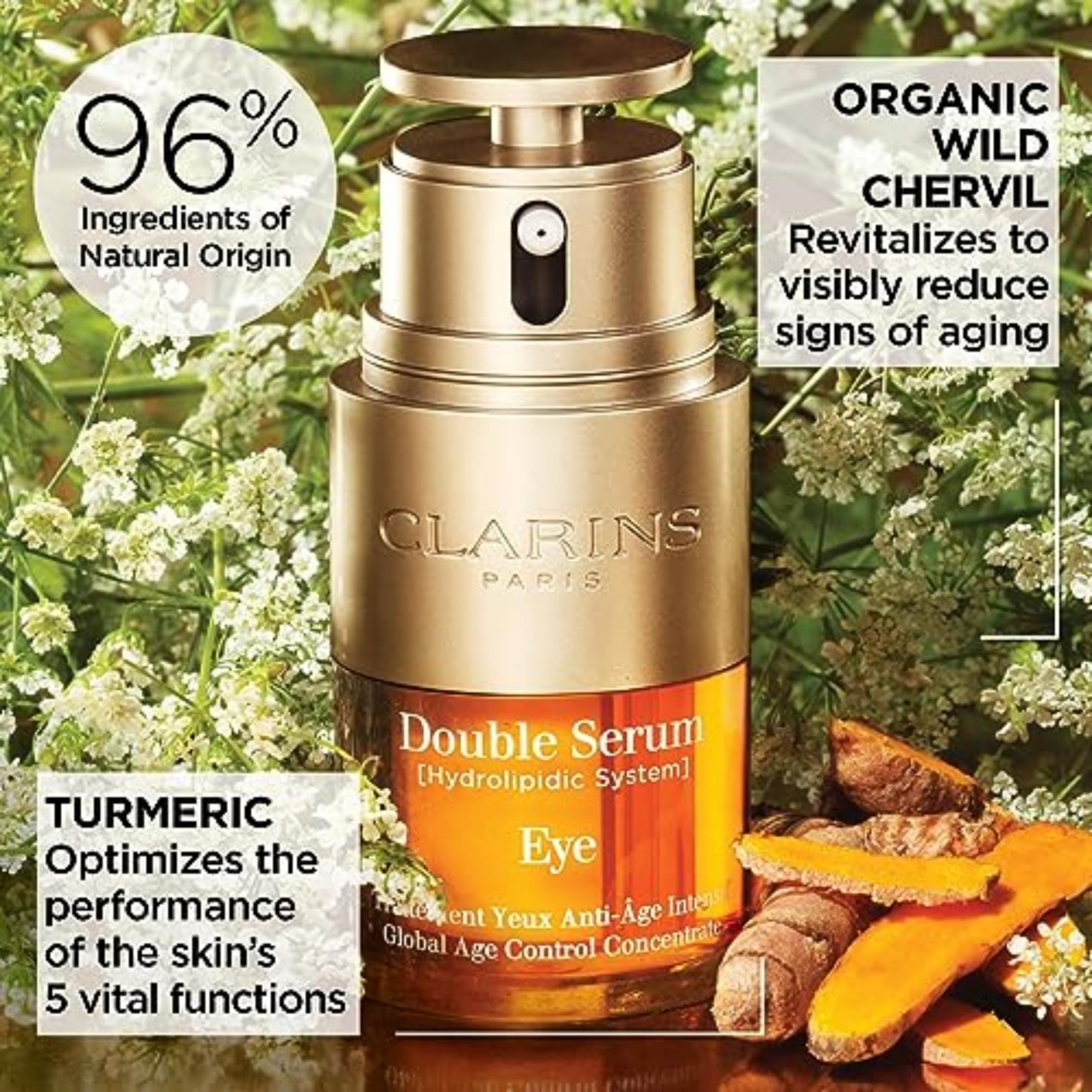 Siero doppio per occhi. Contenitore dorato. Testo: CLARINS PARIS, Double Serum Eye. 96% ingredienti di origine naturale.