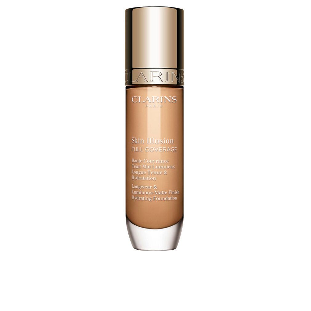 Clarins Skin Illusion Full Coverage. Flacone con tappo dorato. Scritta: Skin Illusion Full Coverage.
