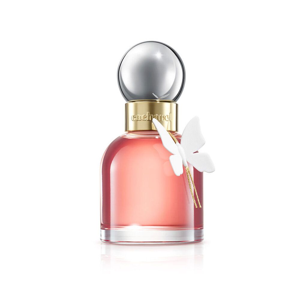 Flacone di profumo rosa, tappo argentato, farfalla bianca. Scritta dorata 'cacharel'.