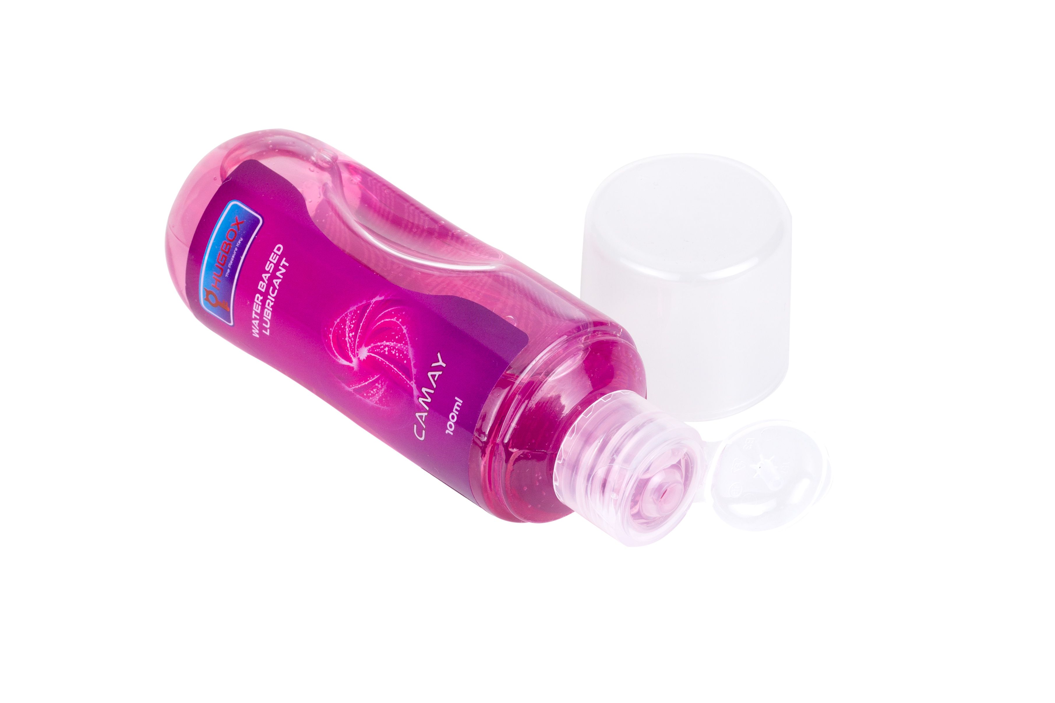 Bottiglia con liquido rosa e coperchio aperto. Etichetta con testo.