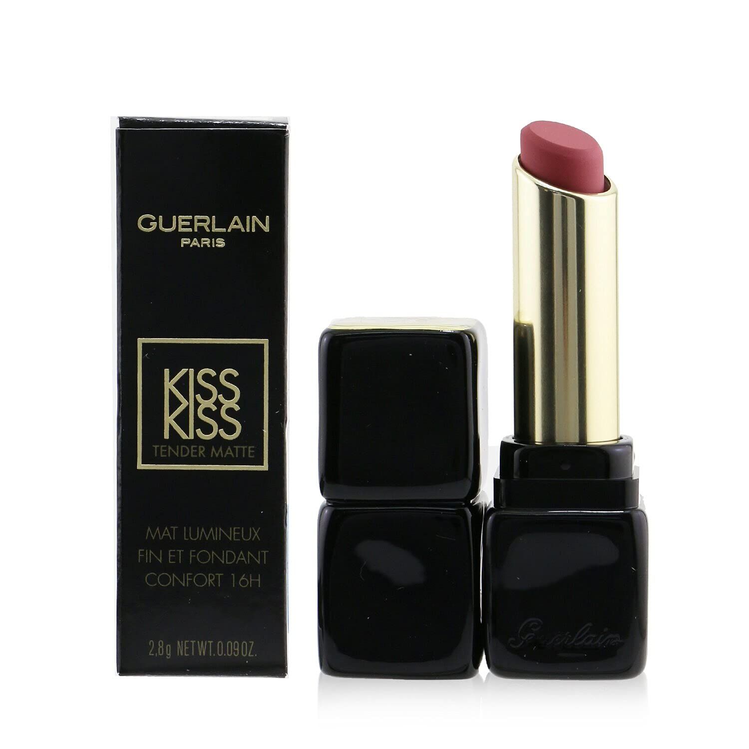 Rossetto rosa con custodia nera quadrata e astuccio dorato. Con confezione nera.