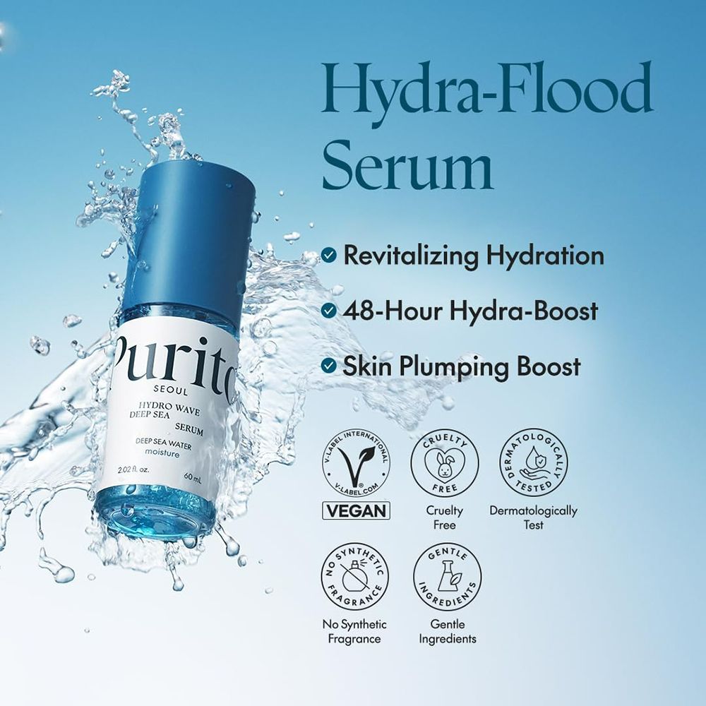 Flacone blu e bianco con tappo blu. Scritta: Purito Seoul, Hydro Wave Deep Sea Serum. Testo: Hydra-Flood Serum.