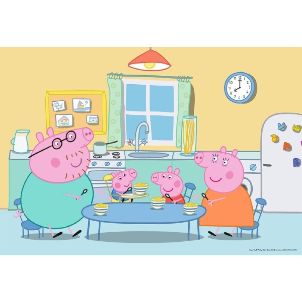 Puzzle Peppa Pig: famiglia a tavola. Cucina con tavolo, sedie, orologio, frigorifero e finestra.