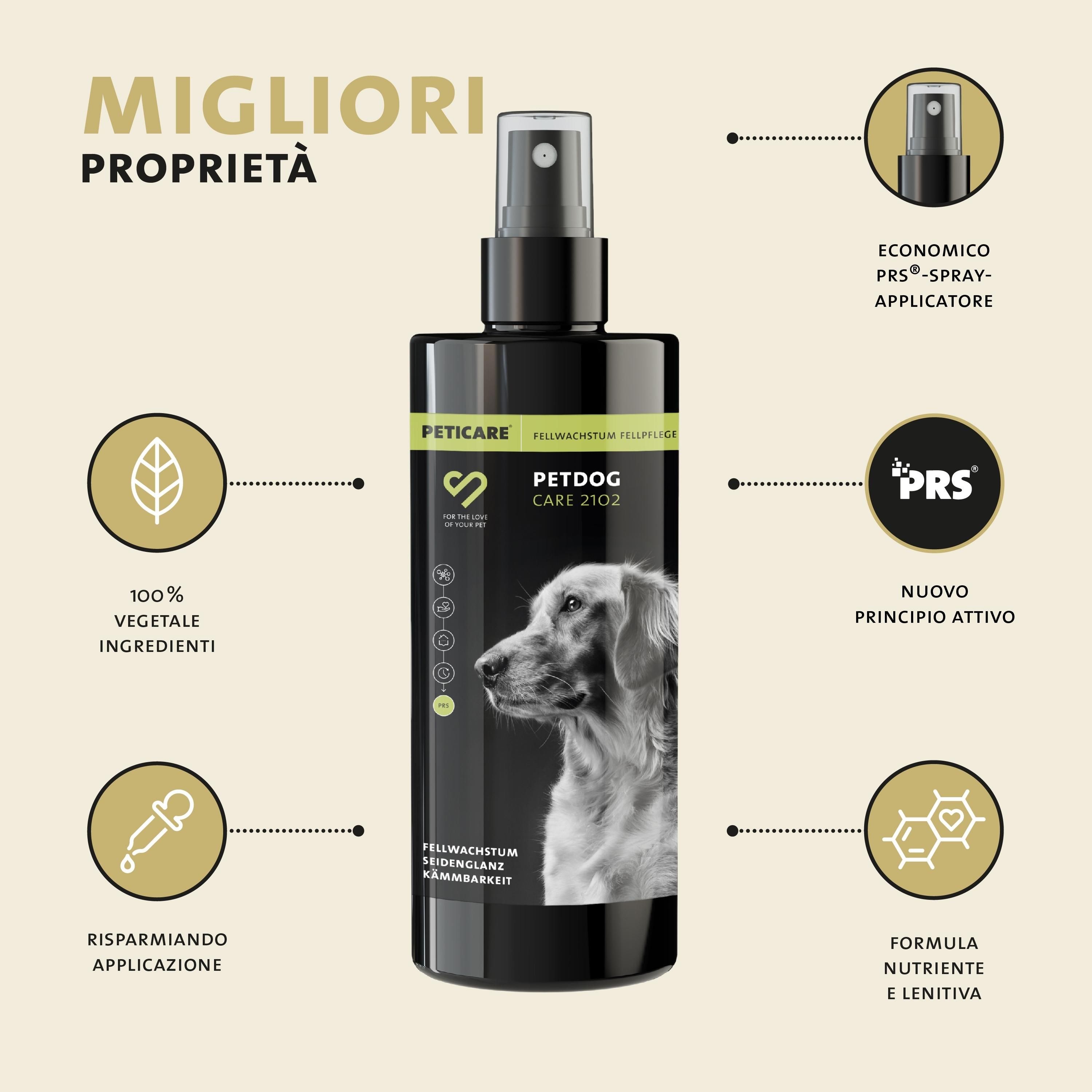 Flacone nero con spruzzatore. Testo: Peticare Petdog Care 2102. Caratteristiche: crescita del pelo, pettinabilità. Ingredienti 100% vegetali.