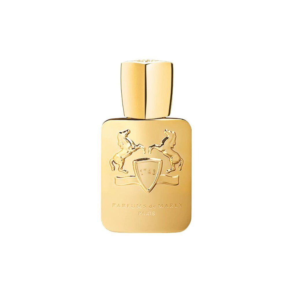 Flacone dorato. Godolphin Eau de Parfum. Marchio Parfums de Marly.