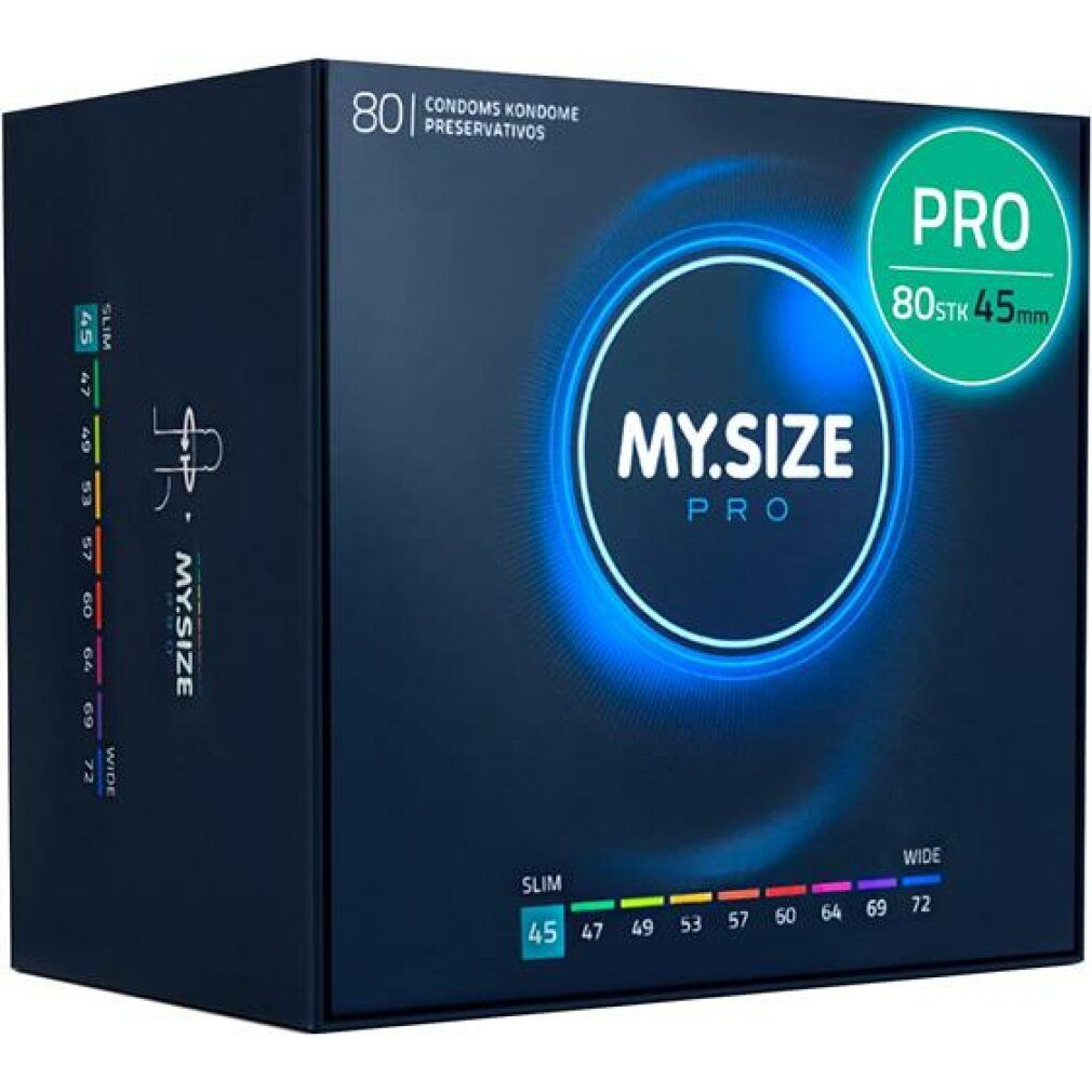 Scatola blu scuro con logo "MY.SIZE PRO". Contiene 80 preservativi. Taglia: 45 mm. Testo: Preservativi, PRO.
