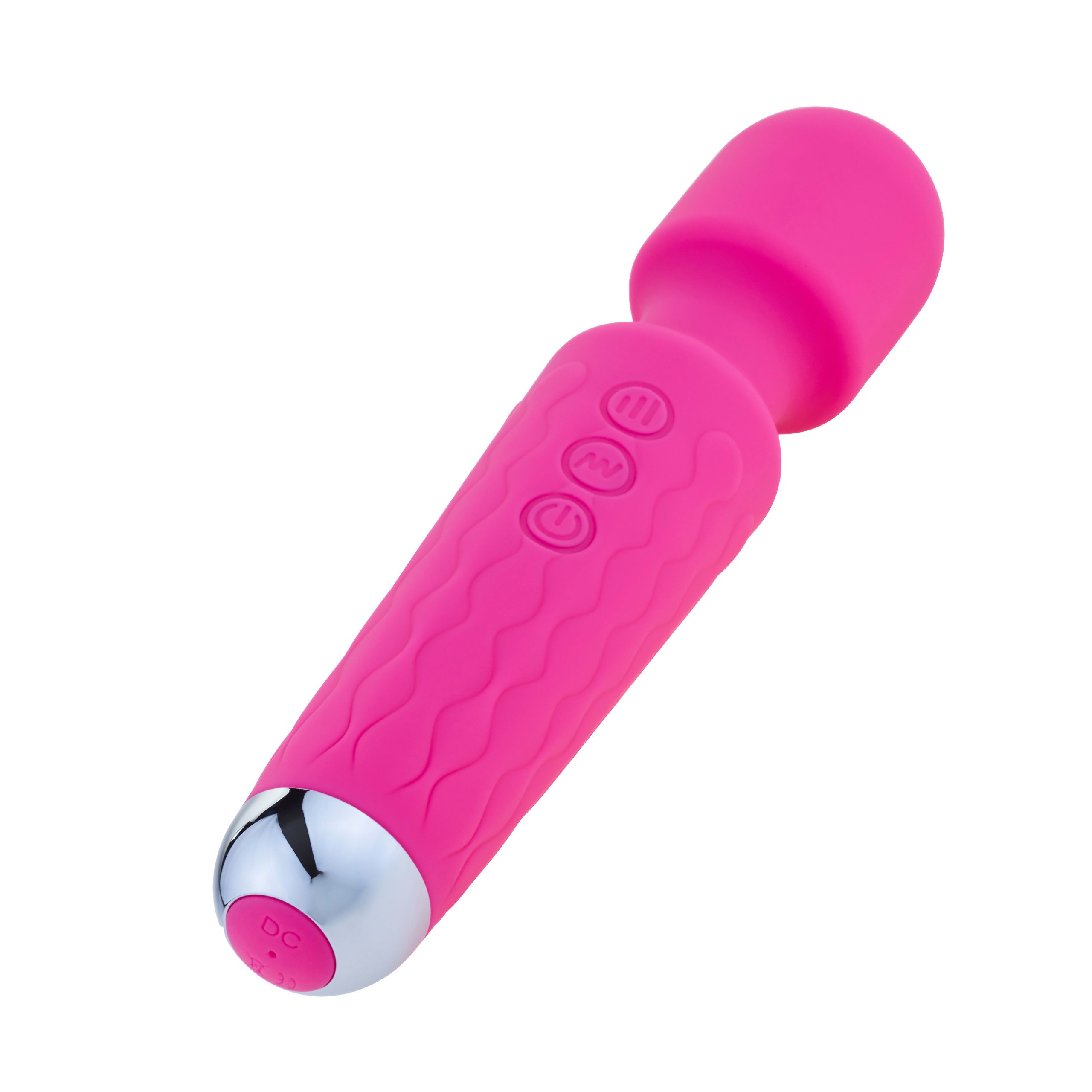 Vibratore rosa con texture ondulata sull'impugnatura. Punta argentata e tre pulsanti. Parte superiore rotonda.