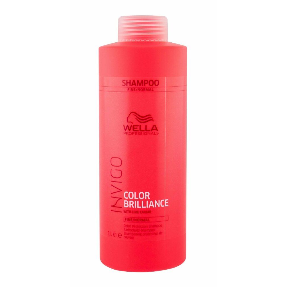 Flacone di shampoo rosso con tappo bianco. Scritta: Invigo Color Brilliance, Wella Professionals. 1 litro.