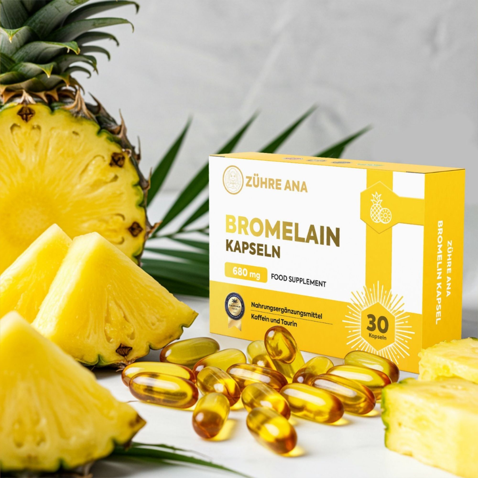 Capsule di Bromelina Zühre Ana: Capsule gialle e una scatola con motivo ananas. 680 mg per capsula. Contiene 30 capsule.