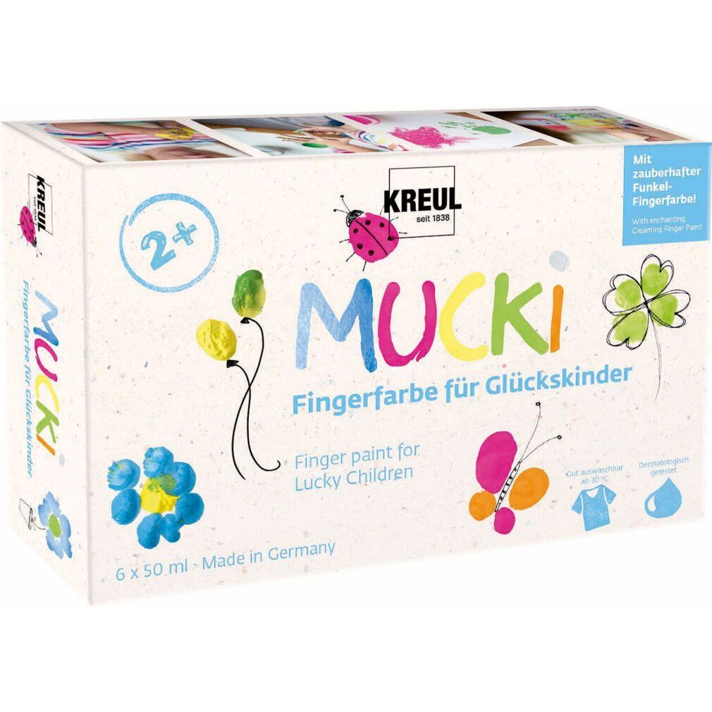 Confezione di pittura per dita MUCKI per bambini fortunati. Sei colori, 50 ml per tubo. Marchio KREUL. Età consigliata 2+.