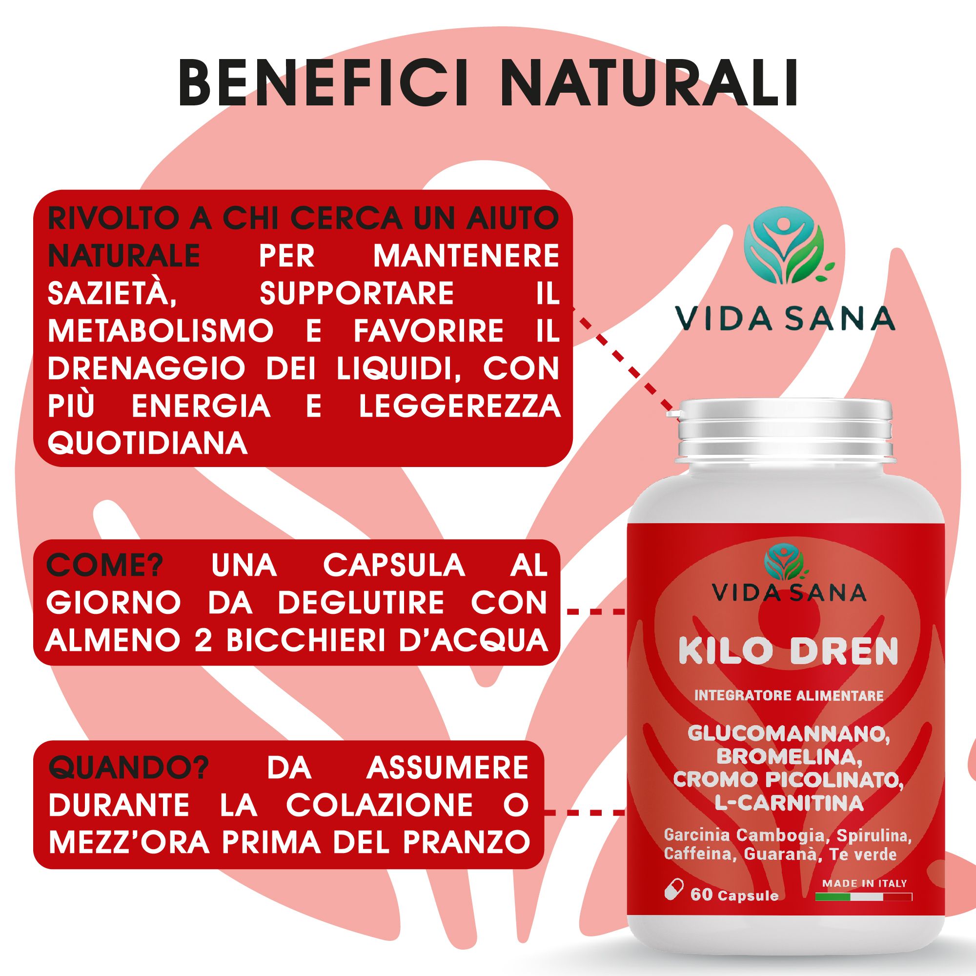 Flacone di capsule. Scritta: Kilo Dren, ingredienti. Marchio: Vida Sana. Testo su benefici e utilizzo.