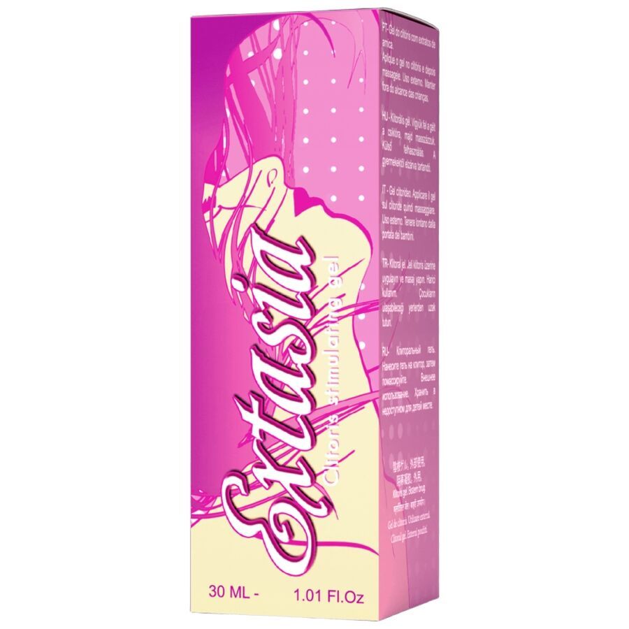 Confezione rosa con scritta Extasia. Illustrazione di una donna. Scritta: 30 ML - 1.01 Fl.Oz.