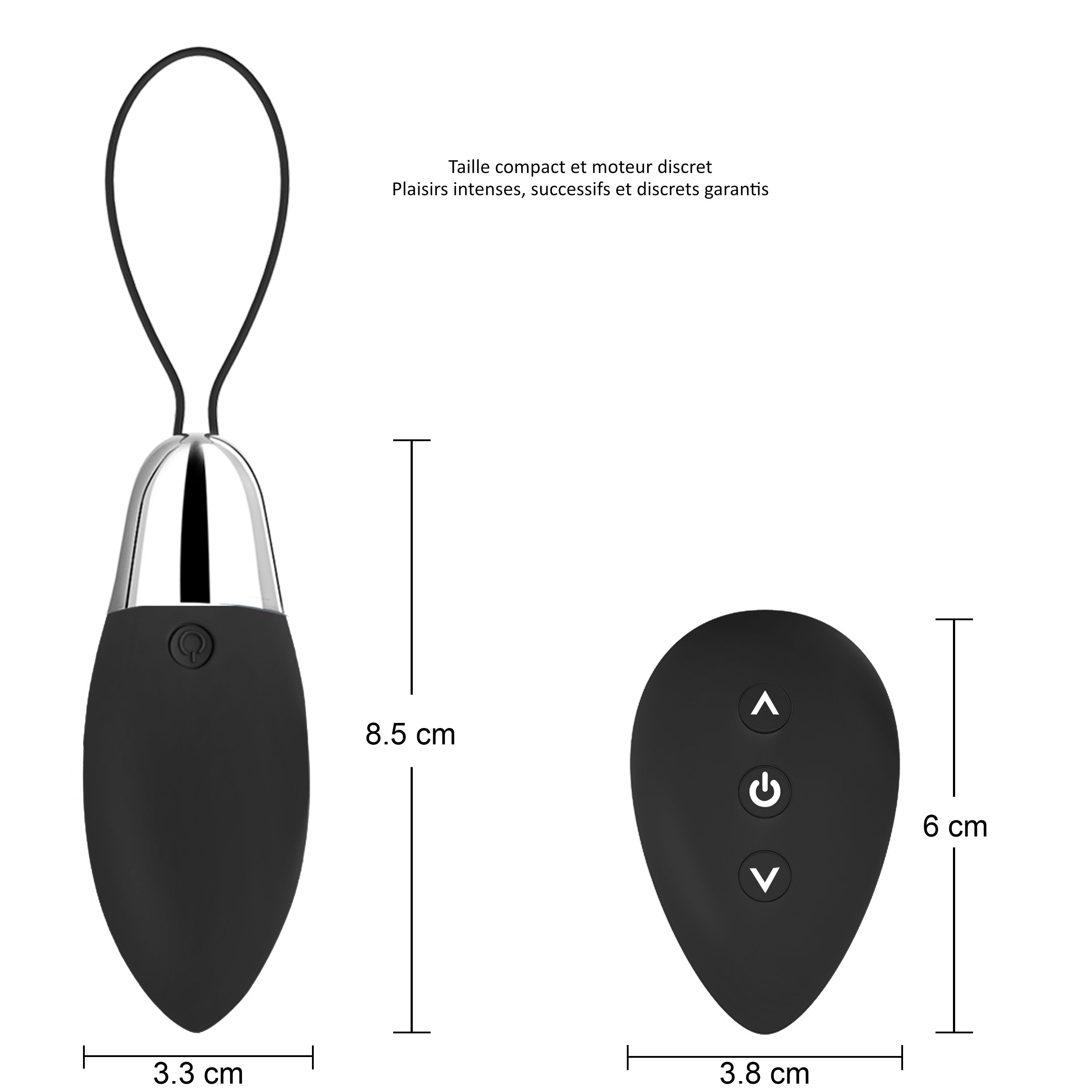 Prodotto nero ovale con testa argentata, anello e telecomando separato. Dimensioni: 8,5 cm, 3,3 cm, 6 cm, 3,8 cm. Testo.