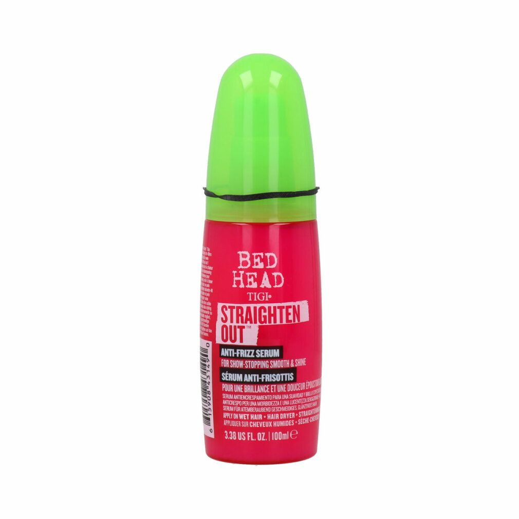 Flacone rosso con tappo verde. Testo: Bed Head TIGI Straighten Out Anti-Frizz Serum. Anello nero sul collo.