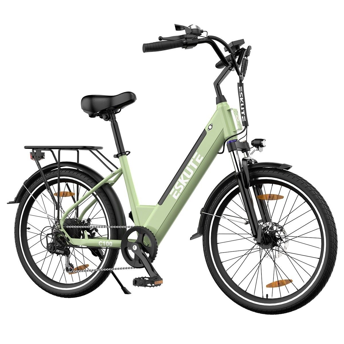 Bicicletta elettrica verde chiaro con pneumatici neri e portapacchi. Marchio ESKUTE sul telaio.