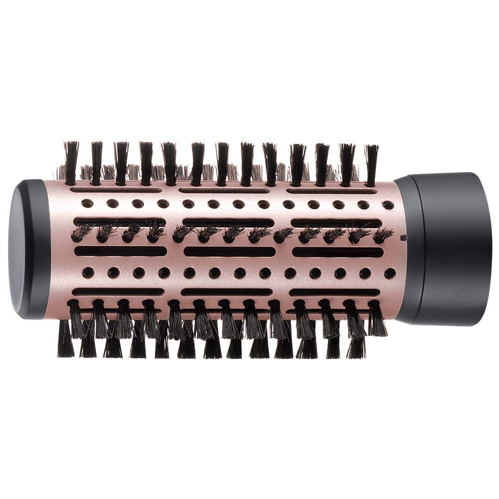 Accessorio spazzola per styling per capelli. Spazzola rosa con setole nere. Forma cilindrica.