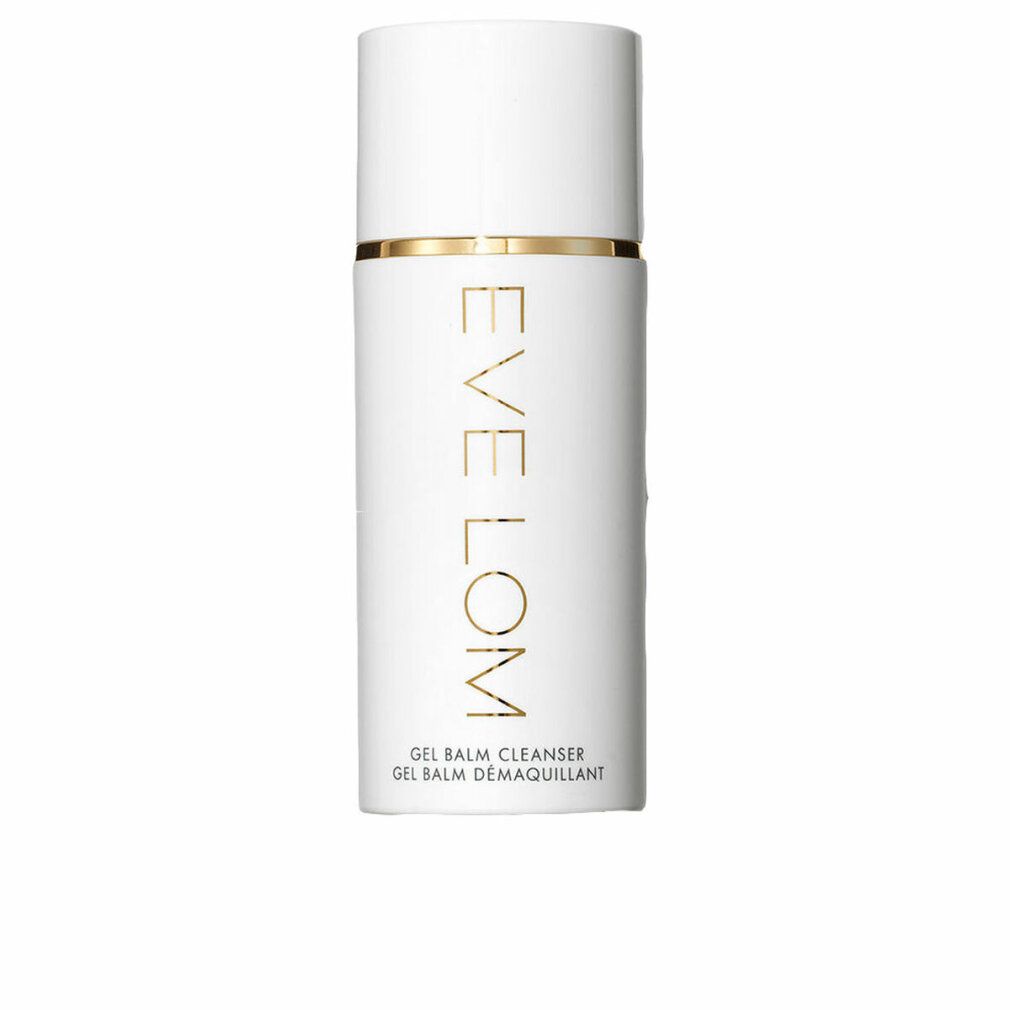 Contenitore cilindrico bianco con dettagli dorati. Scritta: EVE LOM, GEL BALM CLEANSER, GEL BAUME DÉMAQUILLANT.