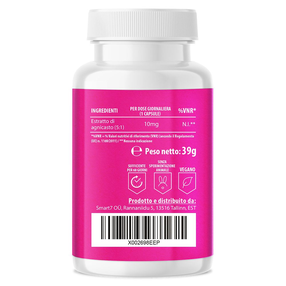 Retro del flacone. Ingredienti, informazioni nutrizionali, peso 39g. Vegano, cruelty-free. Indirizzo produttore.