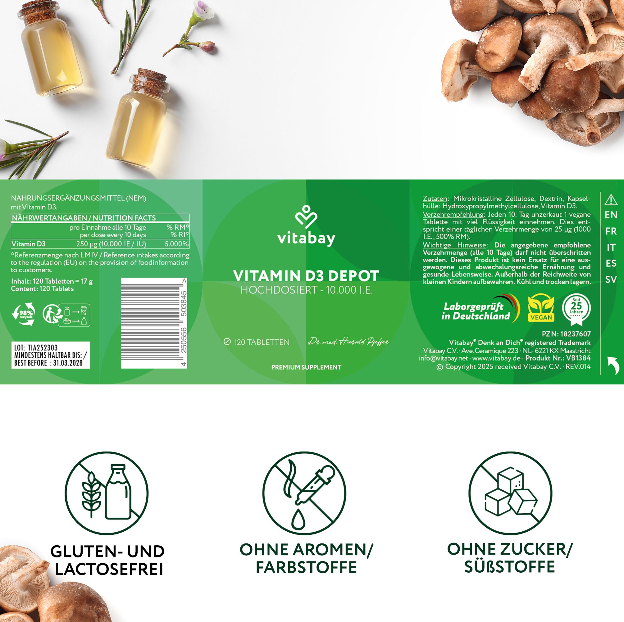 Etichetta del prodotto con informazioni. Scritta: Vitamin D3 Depot 10.000 UI. 120 compresse. Senza glutine e lattosio. Senza aromi/coloranti. Senza zucchero/dolcificanti.