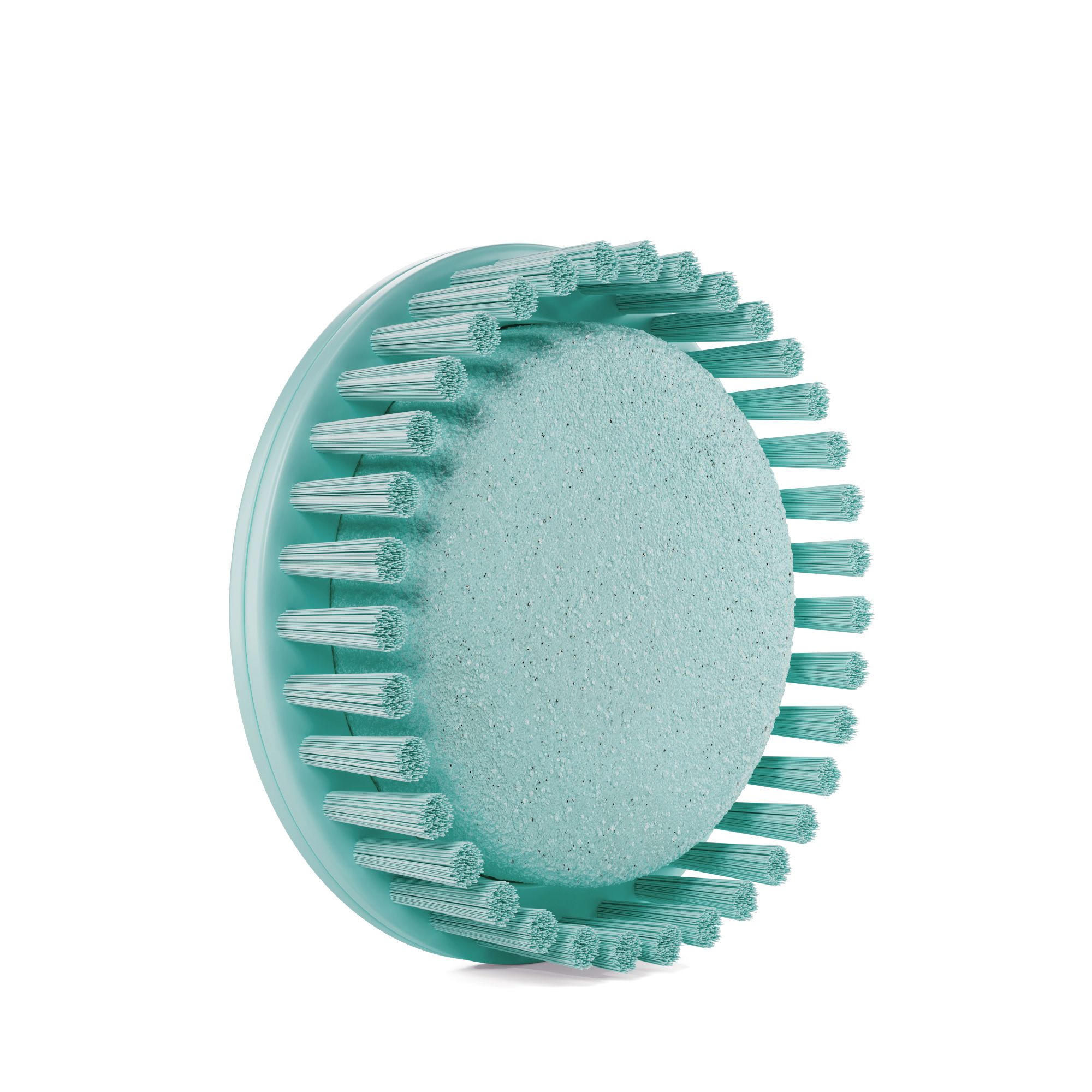 Testina rotonda turchese con setole e una spugna al centro.