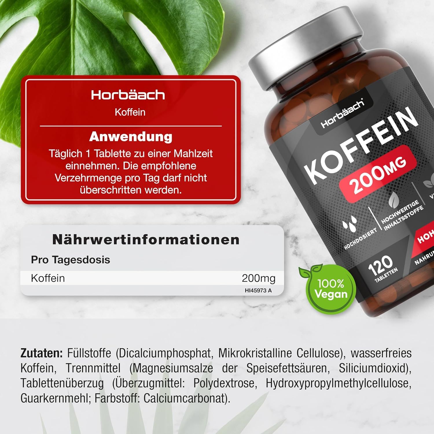 Flacone marrone con compresse. Scritta: Koffein 200mg, 120 compresse. Vegano, senza grano, senza latte, senza conservanti.