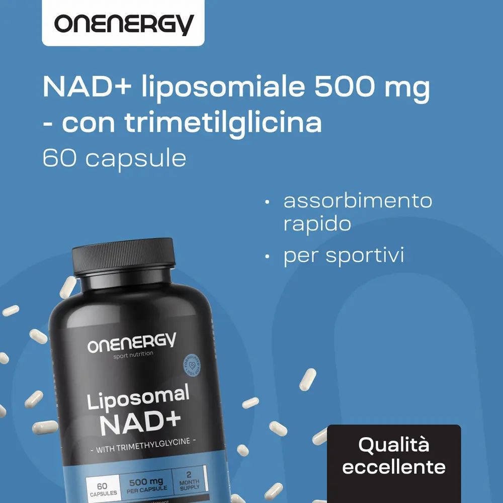 Coppia che si allena. Flacone con capsule. Testo: NAD+ liposomiale con trimetilglicina, 60 capsule. Energia.