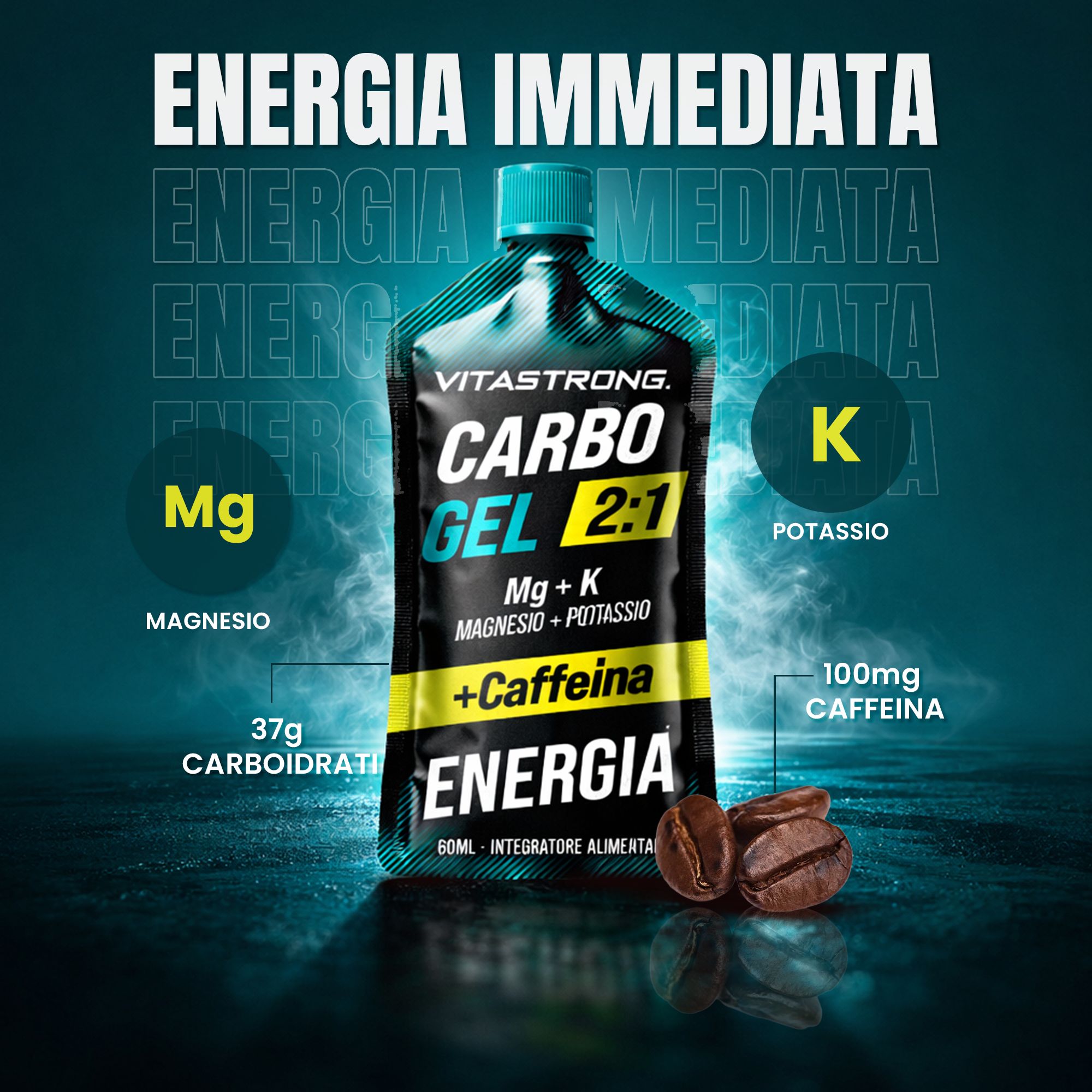 Vitastrong Carbo Gel 2:1 + Koffein. Confezione gel. Testo: Carbo Gel 2:1, Mg + K, Magnesio + Potassio + Caffeina, Energia. Chicchi di caffè.