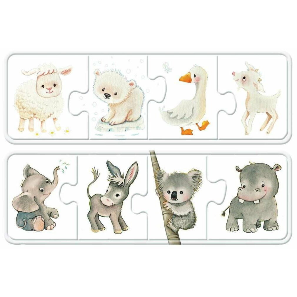 Puzzle Ravensburger, animali colorati 6x4 pezzi. Pezzi di puzzle con animali: tartaruga, rana, coccodrillo, bruco, pulcino, giraffa, leone e ape.