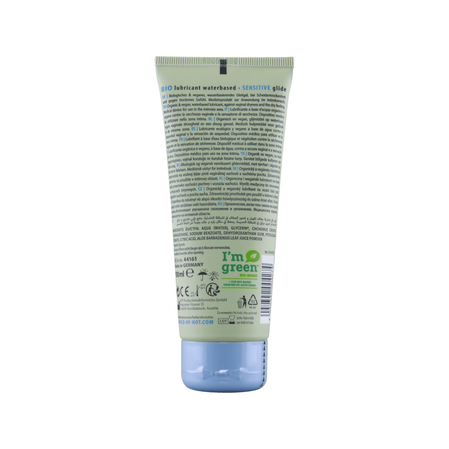 Retro del tubo di lubrificante BIO SENSITIVE. Ingredienti, informazioni produttore, certificazioni.