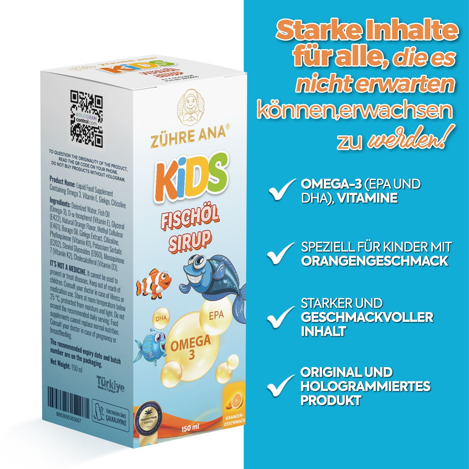 Zühre Ana Kids Fischöl Sirup scatola con dettagli sul contenuto e sulle caratteristiche del prodotto.