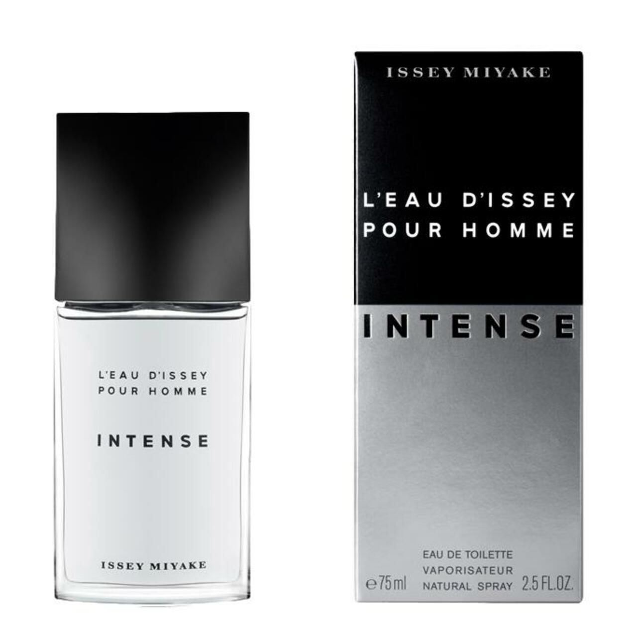Flacone e confezione. Flacone rettangolare, bianco e nero. Scritta: L'EAU D'ISSEY POUR HOMME INTENSE. Marchio: ISSEY MIYAKE.