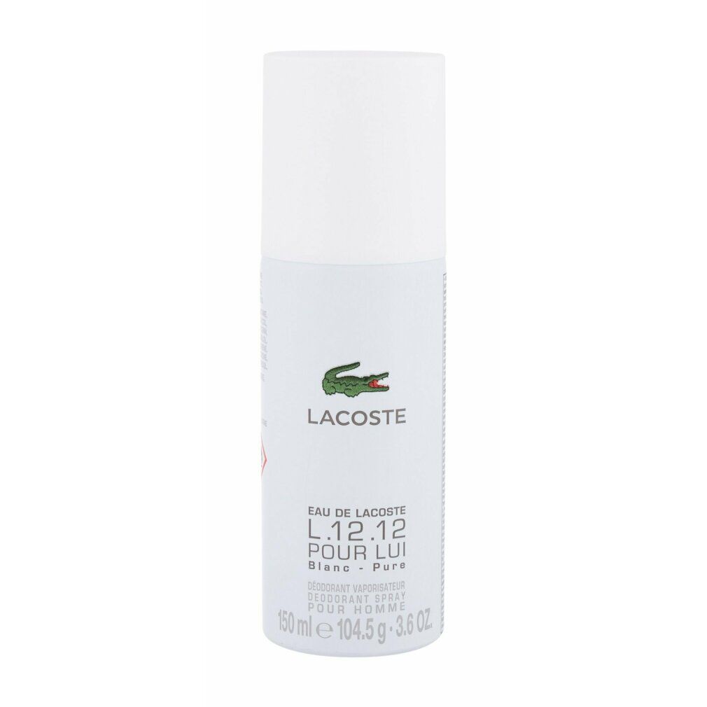 Spray deodorante bianco con logo coccodrillo verde. Testo: Eau de Lacoste L.12.12 Pour Lui Blanc, Deodorant Spray. 150 ml.