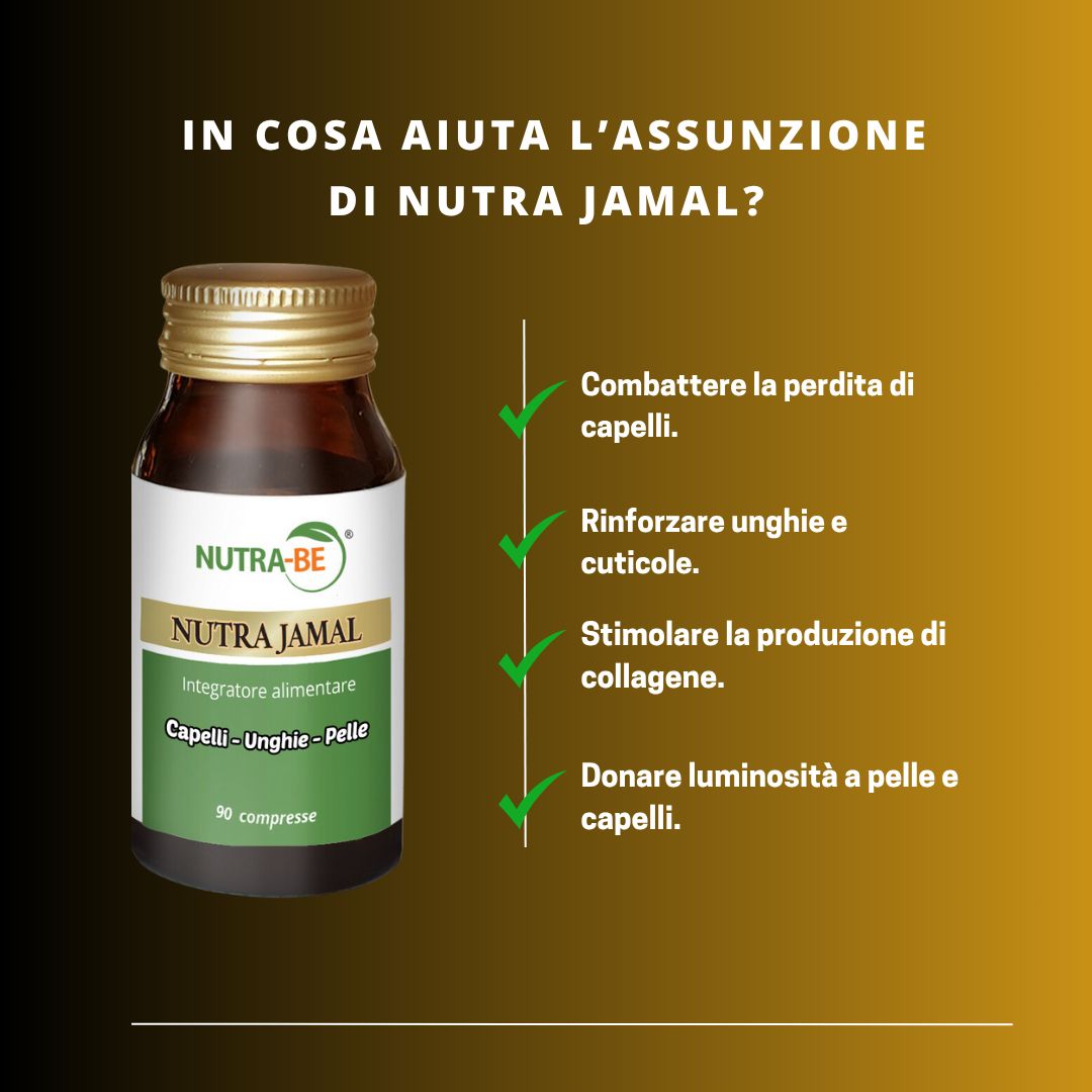 Flacone del prodotto con testo: "Nutra Jamal". Testo: "Come aiuta l'assunzione di Nutra Jamal?". Vantaggi per capelli, unghie e pelle.