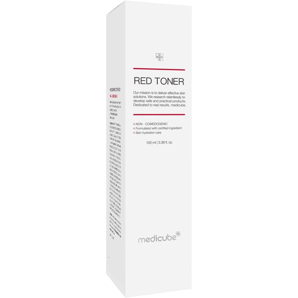 Confezione bianca con scritta: RED TONER. Testo: NON-COMEDOGENIC, Skin hydration care. Logo: medicube.