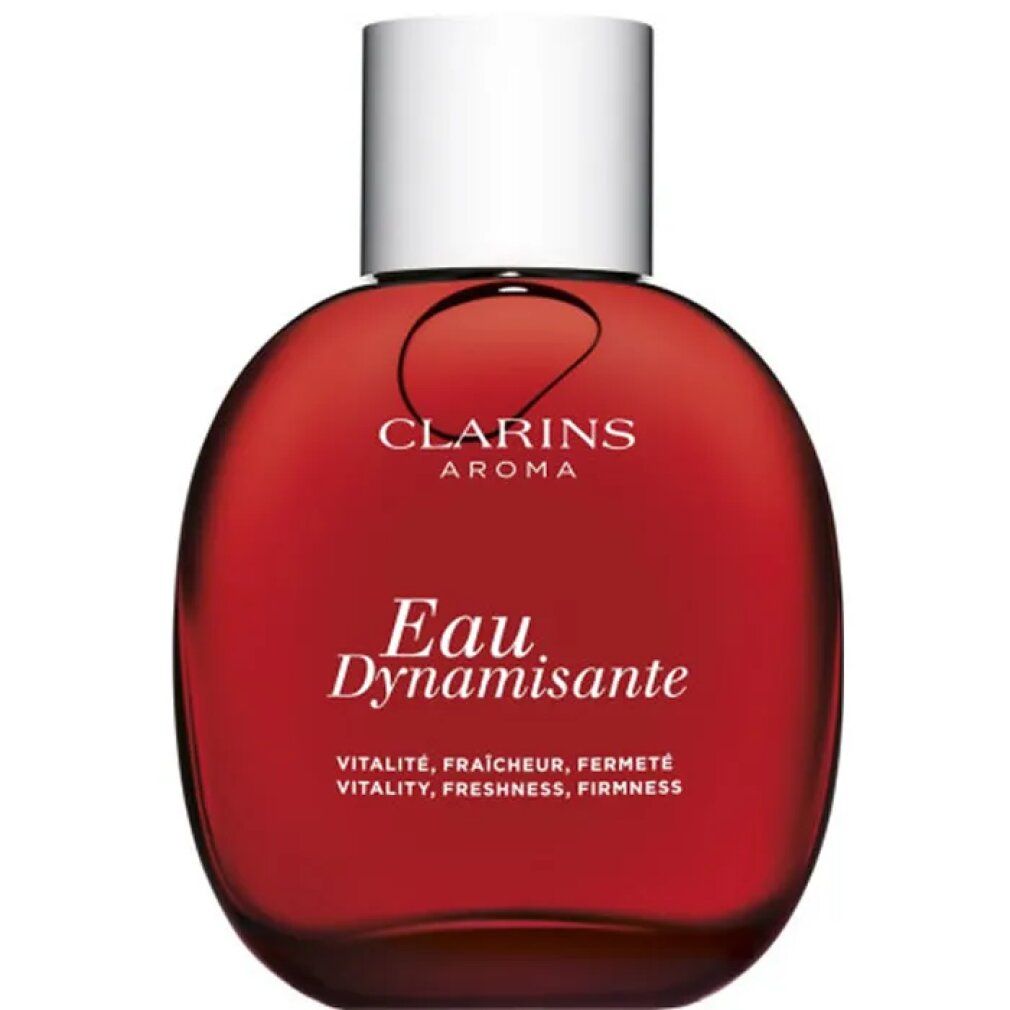 Flacone rosso Clarins Aroma Eau Dynamisante. Tappo bianco. Scritta: Eau Dynamisante, Vitalité, fraîcheur, fermeté.