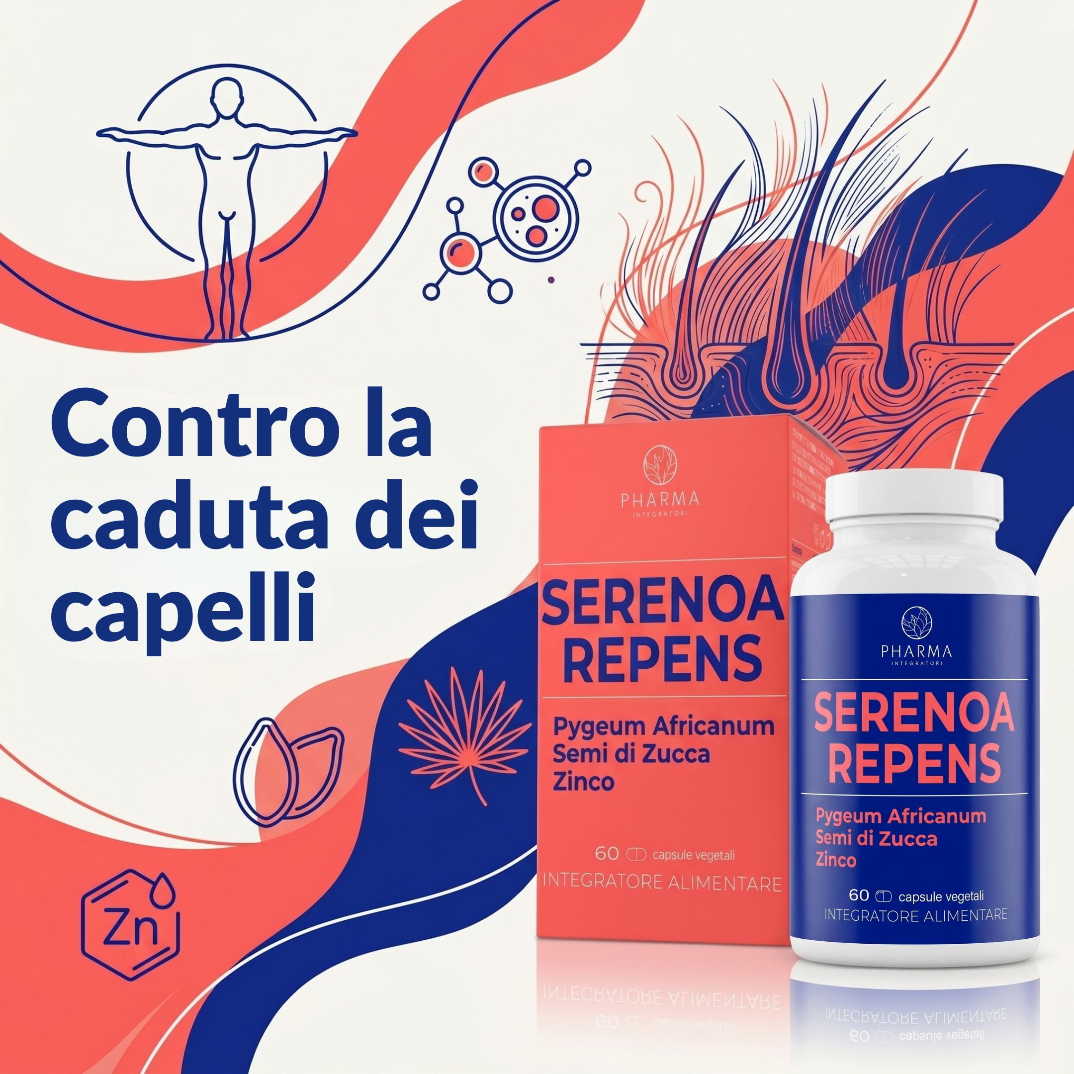 Flacone e confezione Serenoa Repens con grafica contro la caduta dei capelli.