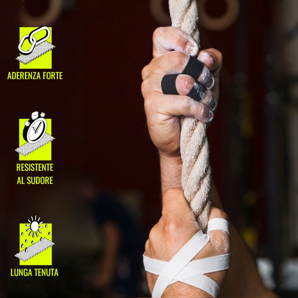 Mani con nastro per dita nero e bianco avvolto, che afferrano una corda. Icone per aderenza, resistenza al sudore, lunga tenuta.