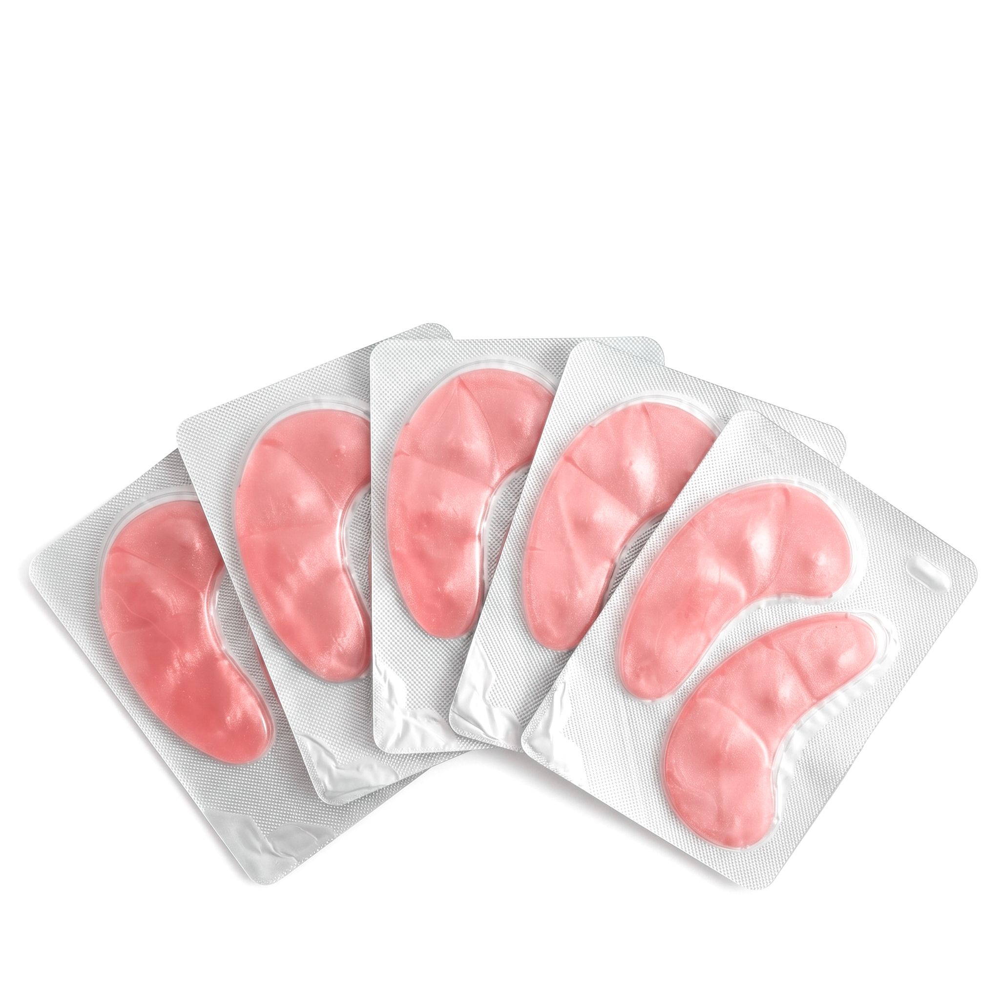 Cinque confezioni singole di patch oculari idrogel rosa, due patch per confezione.