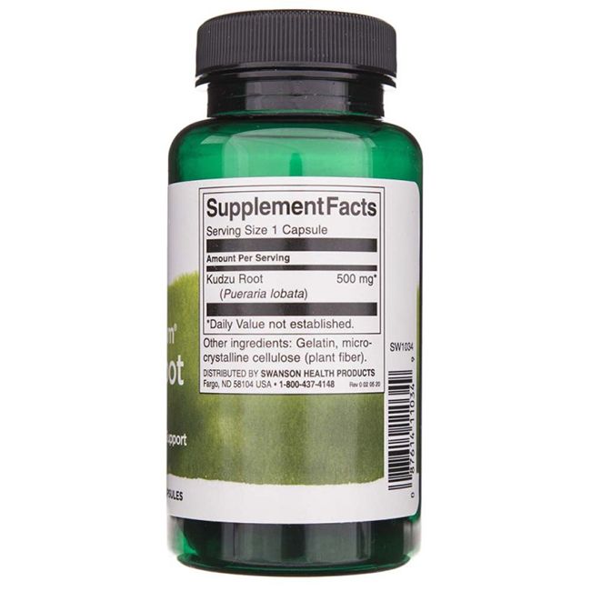 Retro di un flacone verde con tappo nero. Scritta: Supplement Facts, Kudzu Root, 500 mg.