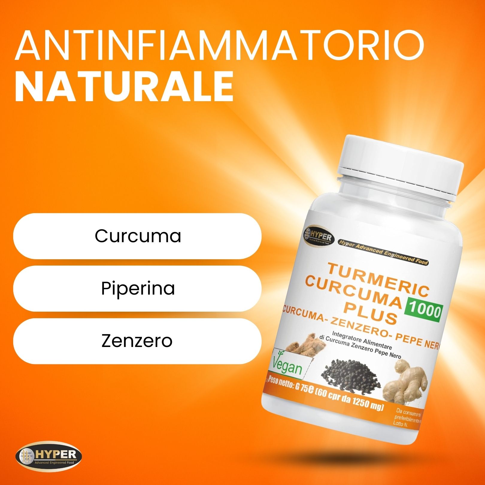 HYPER Turmeric Curcuma Plus 60 cpr Integratore Alimentare Curcuma Pepe Nero Zenzero Alto Dosaggio