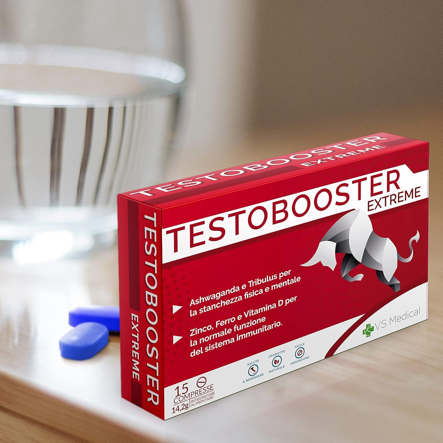 Confezione prodotto rossa con testo: Testobooster Extreme, 15 compresse. Compresse blu accanto. Logo VS Medical.