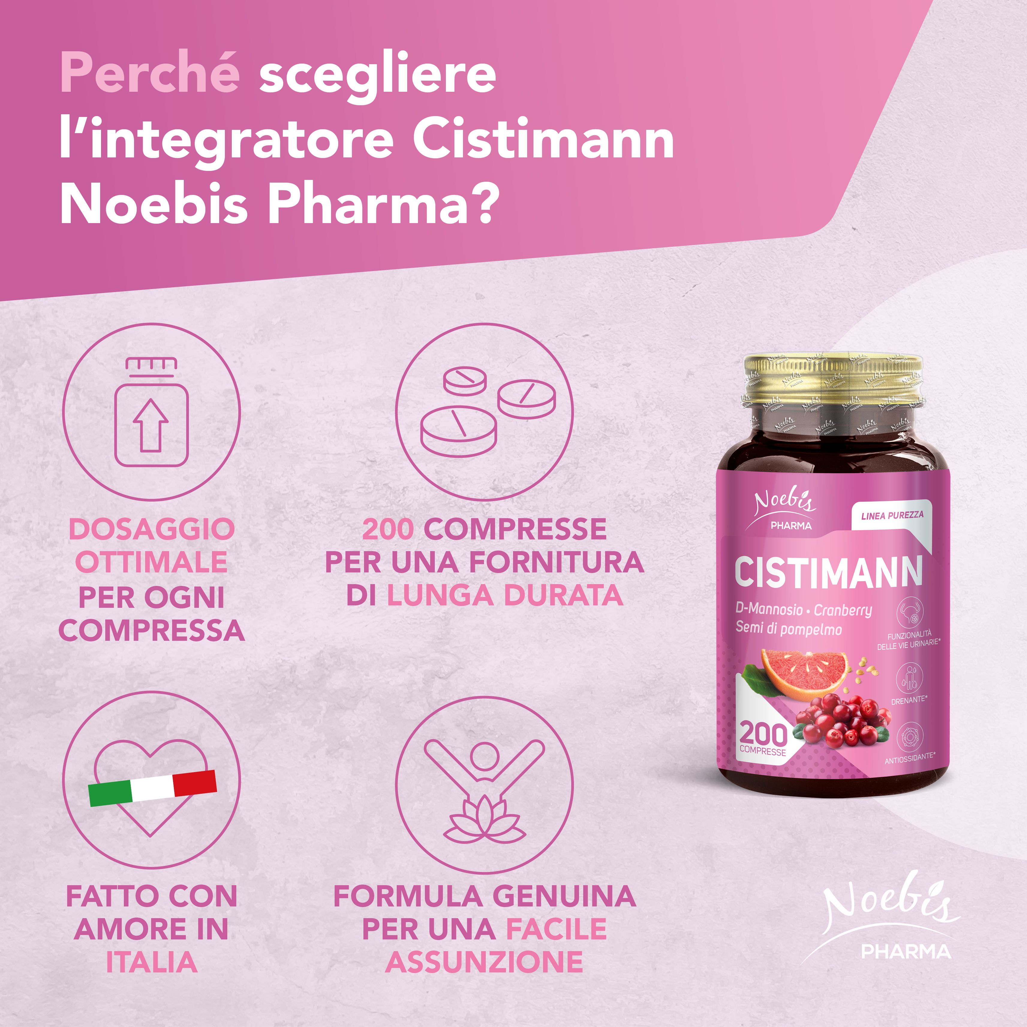 Flacone Noebis Pharma Cistimann con icone: Dosaggio, 200 compresse, Fatto in Italia, Formula genuina.
