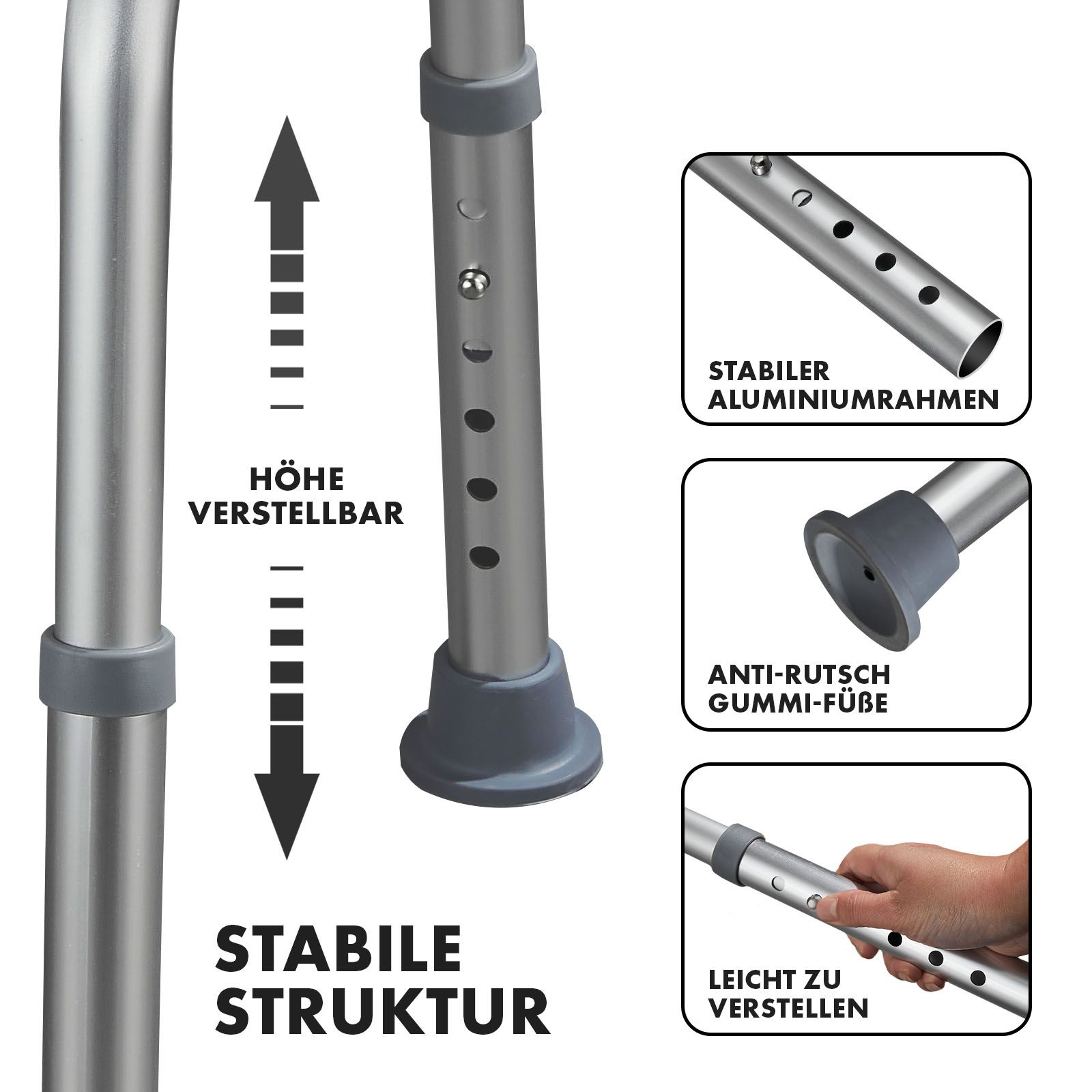 Dettagli sgabello doccia: regolabile in altezza, struttura stabile, telaio in alluminio, piedini in gomma antiscivolo.