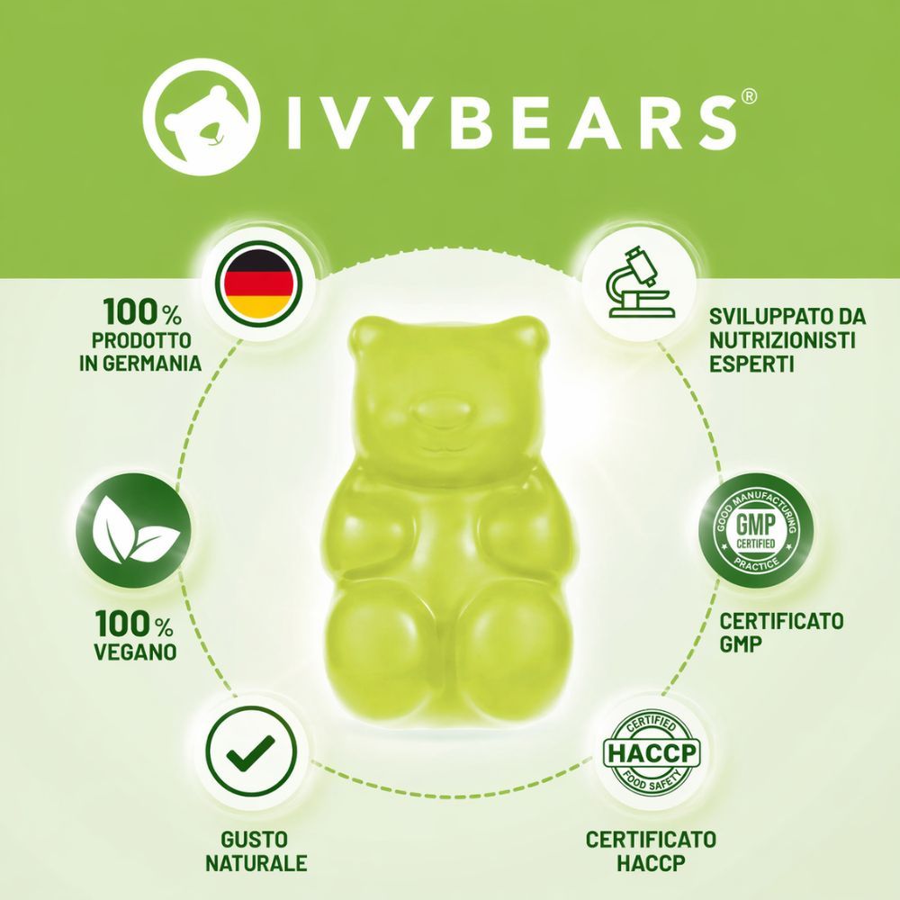 Un orsetto gommoso verde su sfondo verde. Loghi: 100% vegano, Made in Germany, certificato GMP, certificato HACCP.