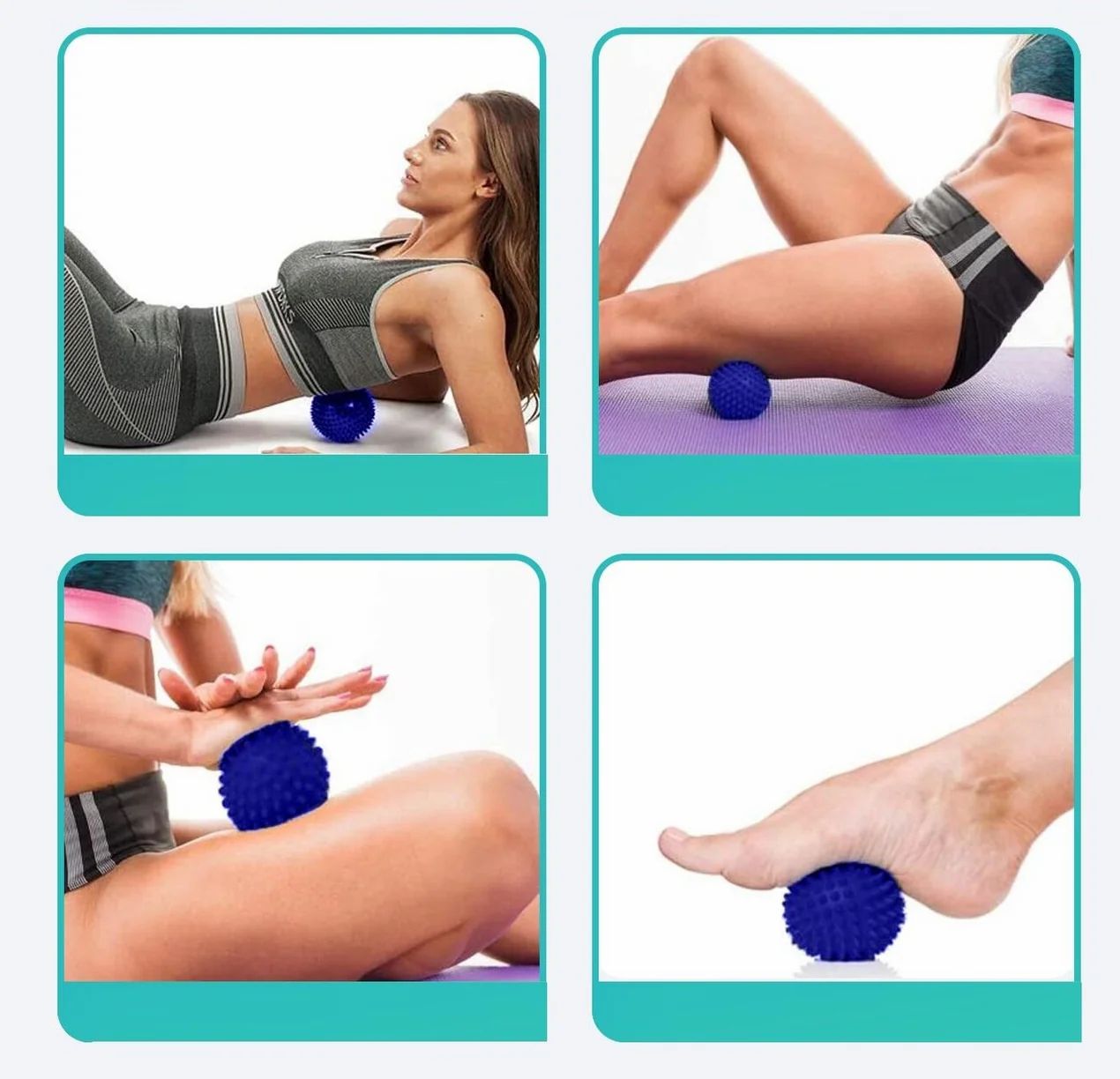 Quattro immagini mostrano donne che usano palline da massaggio blu. Vengono massaggiate diverse parti del corpo.
