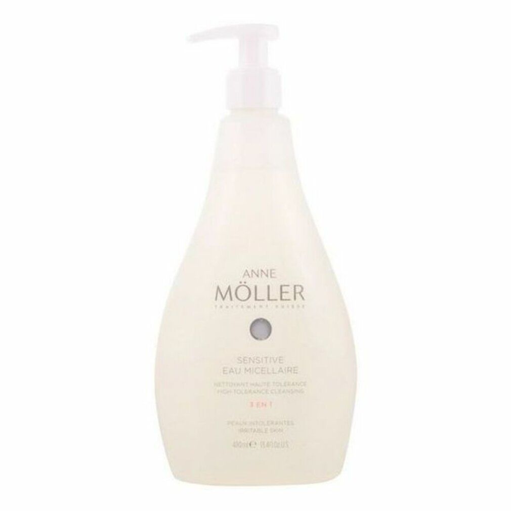 Flacone bianco con dosatore. Scritta: ANNE MÖLLER, Sensitive Eau Micellaire 3 en 1. Forma arrotondata. 400ml.