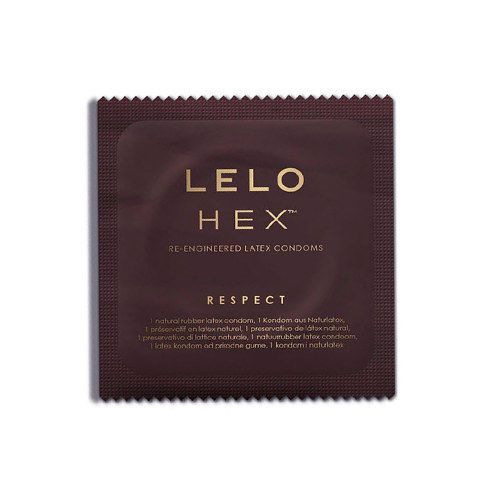 Confezione di preservativi Lelo HEX Respect XL, 36 pezzi. Scatola marrone scuro con motivo a esagoni dorati.