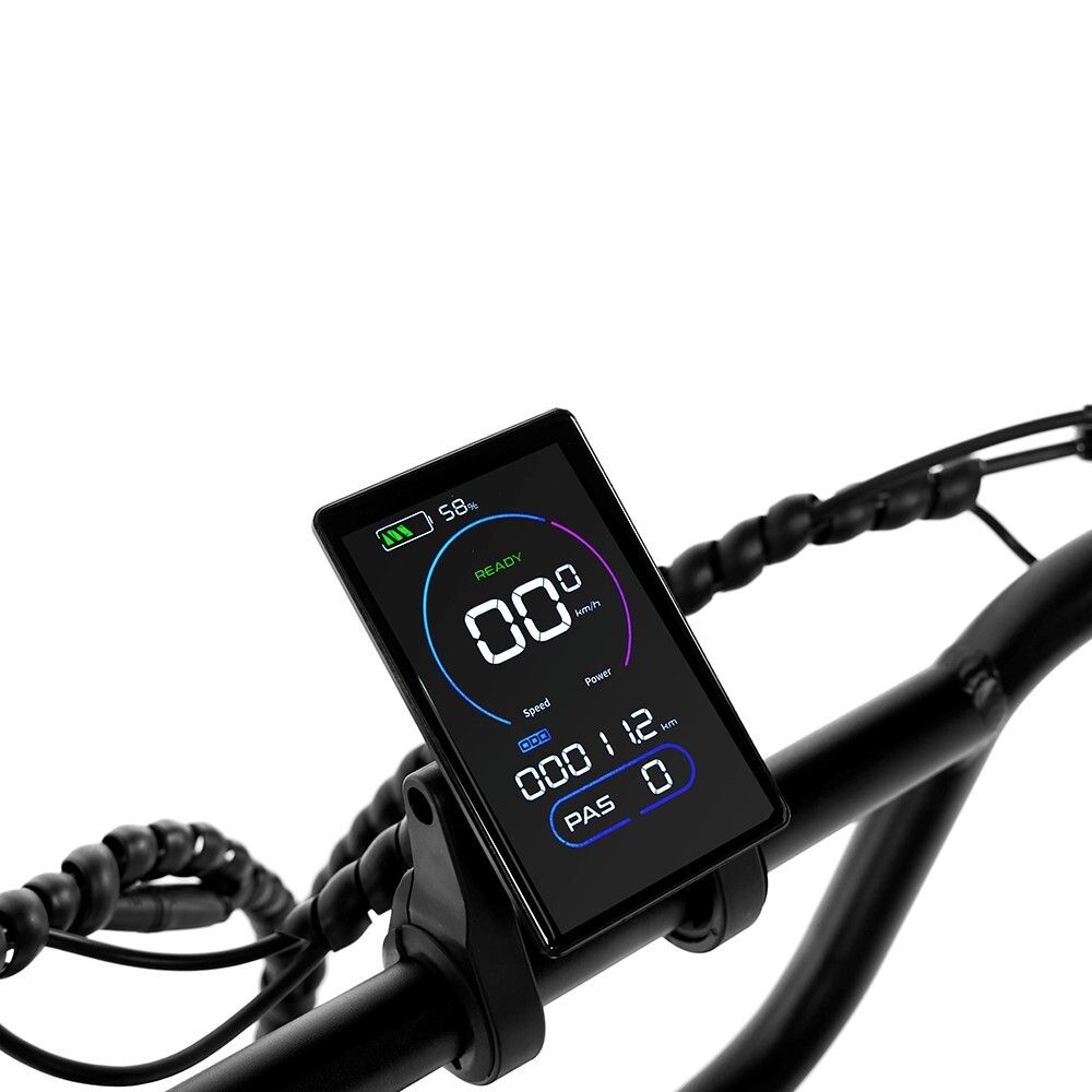 Display digitale di e-bike. Mostra velocità, livello batteria e altre informazioni. Cornice nera.